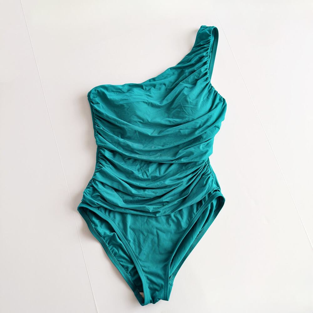 [La Blanca] Teal Turquoise One Shoulder Ruched One Piece Swimsuit Slimming Sz 8